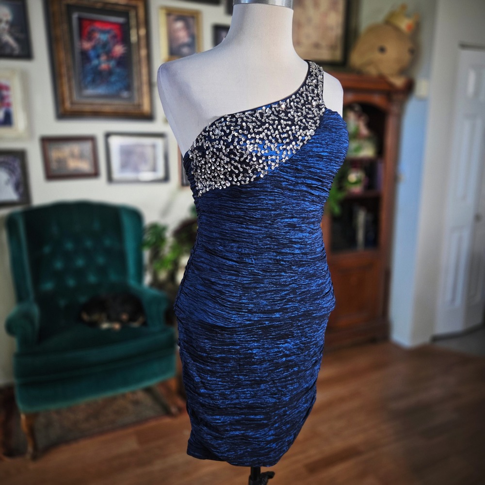 Foreign Exchange Blue Metallic One Shoulder Bodycon Mini Beaded Sequin Dress NWT